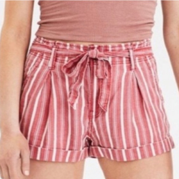 AMERICAN EAGLE High Rise Linen Red White Striped Paperbag Short Shorts 4 - Picture 1 of 11